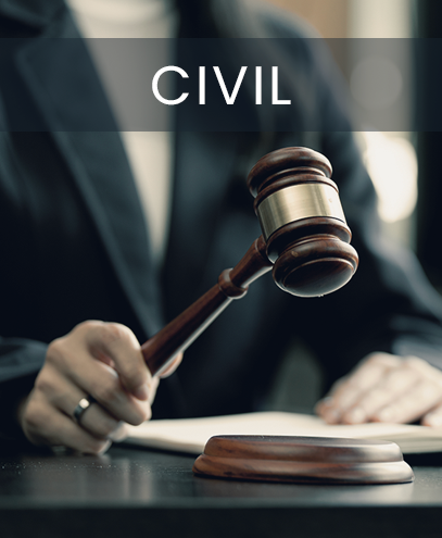 A person is holding a wooden gavel in front of a sign that says civil