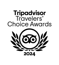 Tripadvisor Travelers' Choice Awards 2024 logo: Owl in circle, surrounded by laurel wreath. Black and white.