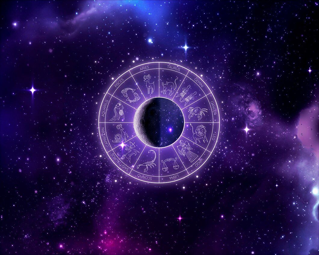 Un fondo morado con un signo del zodíaco y una luna creciente en el medio.