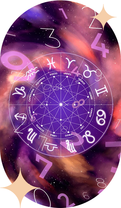 Un círculo morado con signos y números del zodíaco.