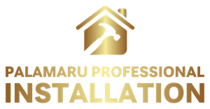 Golden logo with house silhouette and hammer, text: Palamaru Professional Installation.