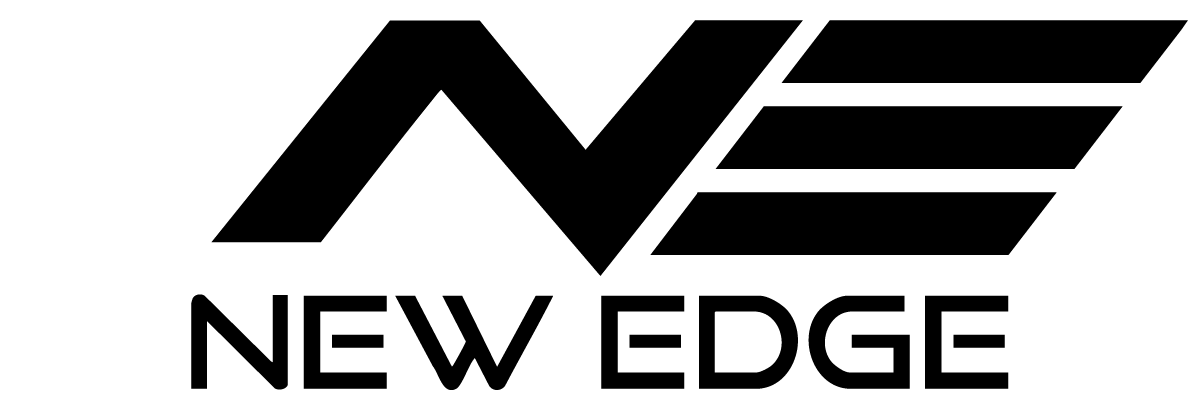 A black and white logo for new edge on a white background.