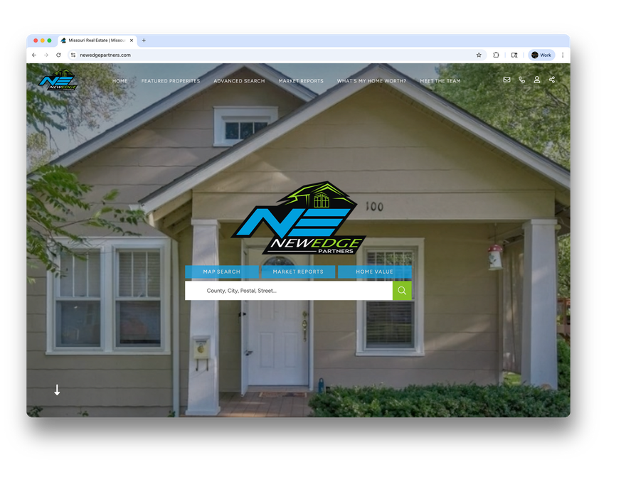 A computer screen shows a house with a New Edge logo on it