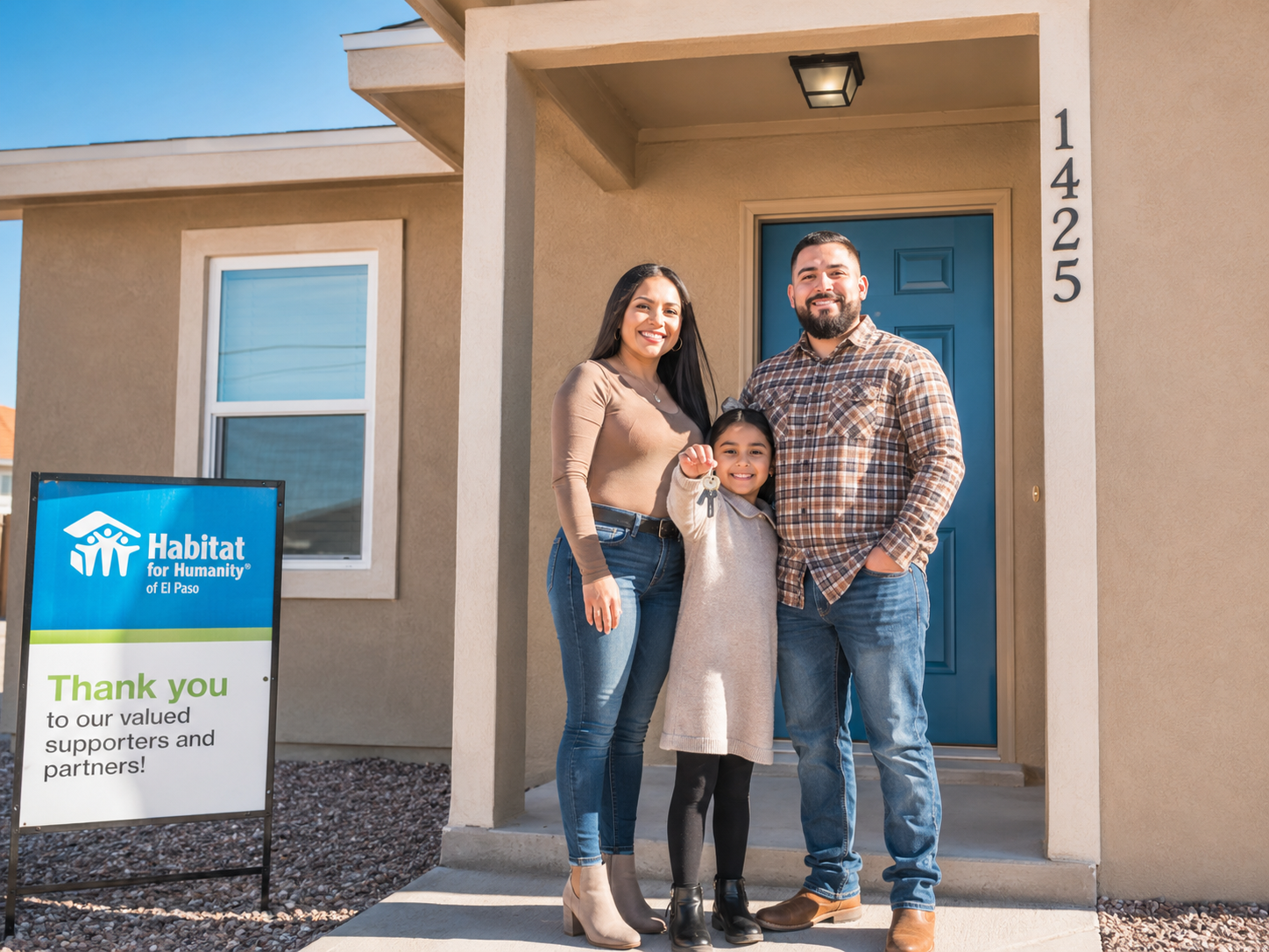 A smiling young family stands on the front steps of their newly completed Habitat for Humanity home 