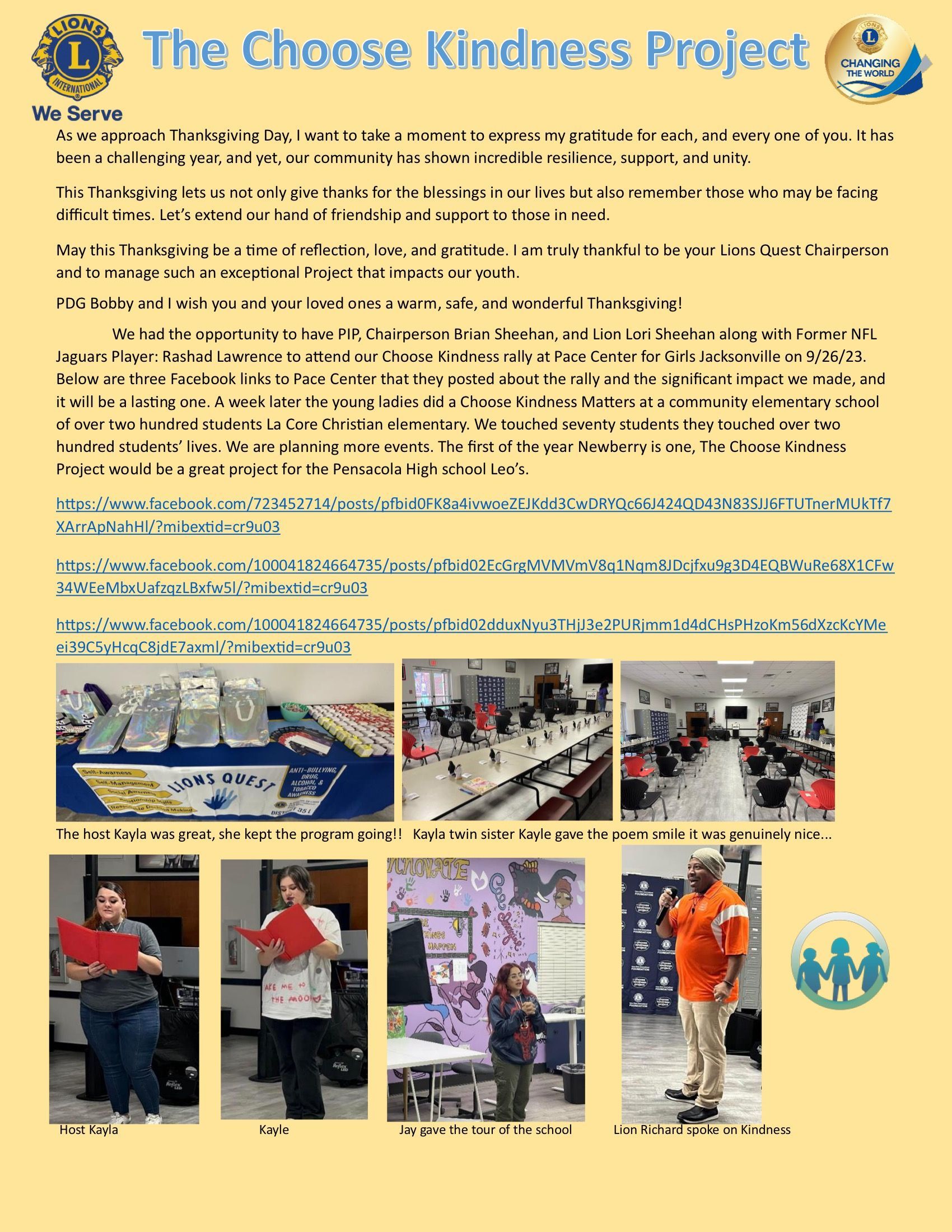 A flyer for the choose kindness project with pictures of people