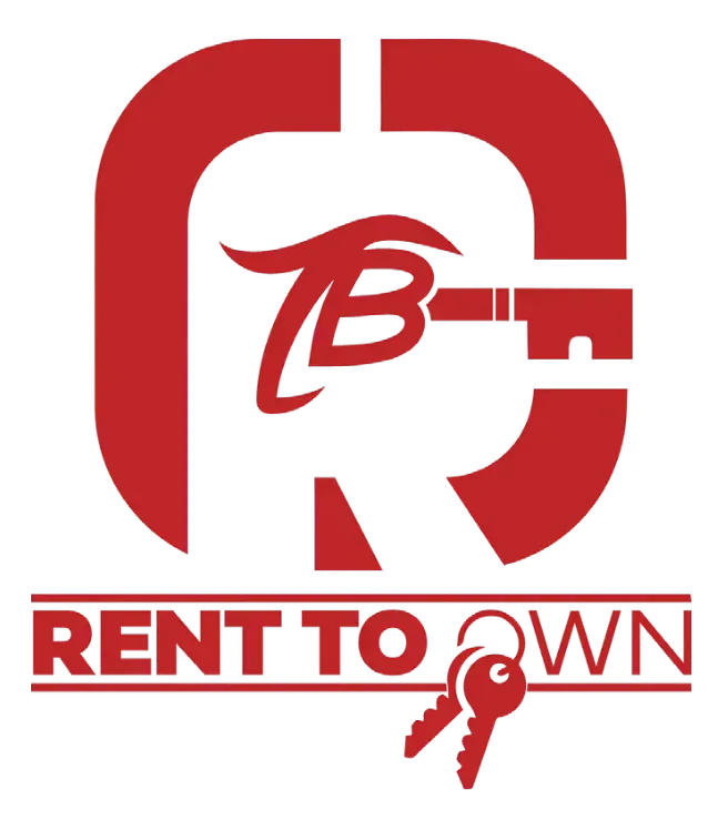 A red and white logo for rent to own