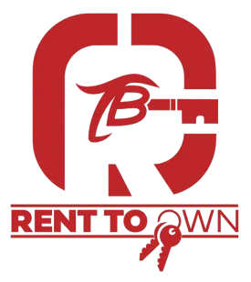 A red and white logo for rent to own