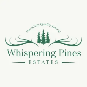 A logo for whispering pines estates with three pine trees and antlers.