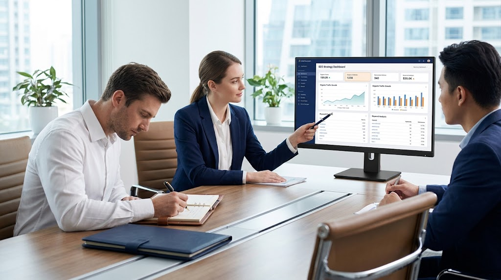 Business meeting in a bright office, with three people reviewing charts on a monitor during a presentation.