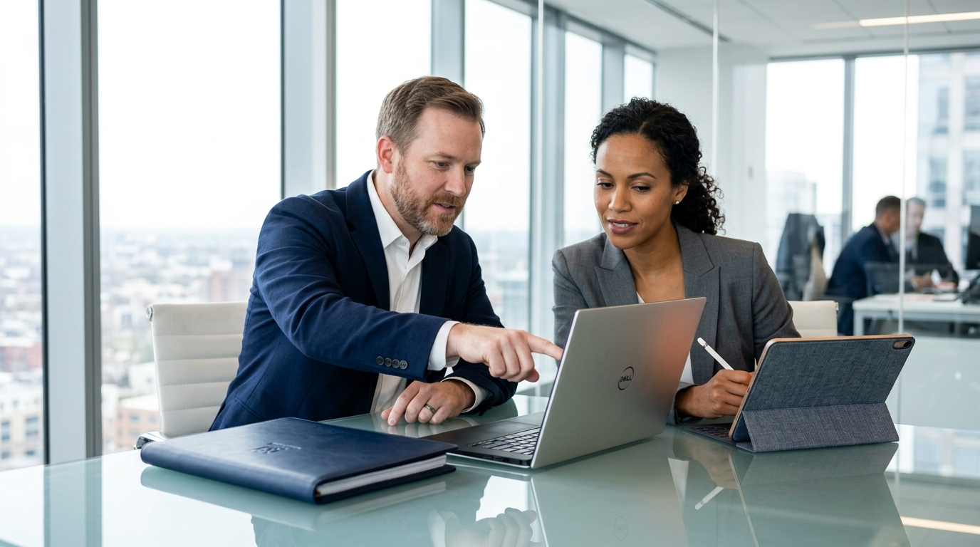 Business man and woman sat at desk, looking at laptops