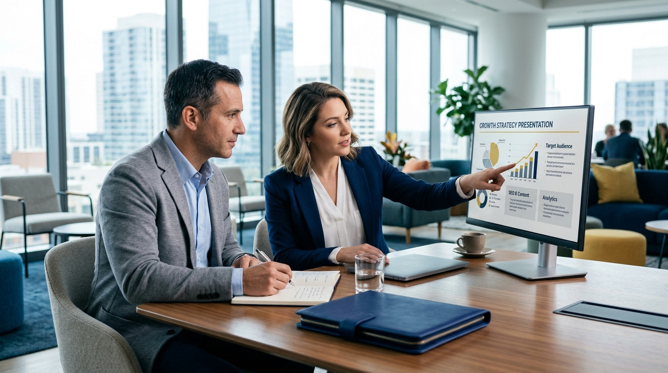 Two professionals in a modern office review a digital chart displayed on a computer screen during a business meeting.