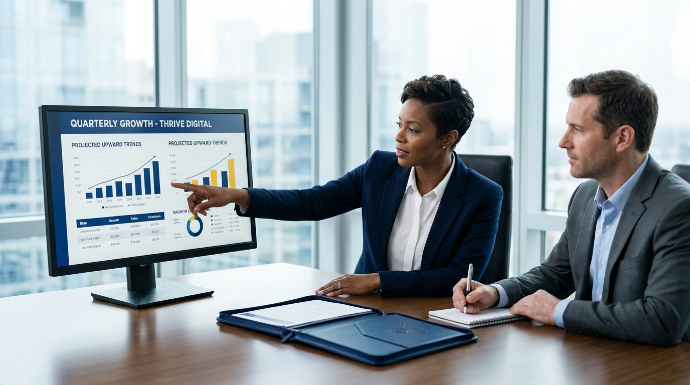 Man and woman at at desk looking at growth charts on a screen