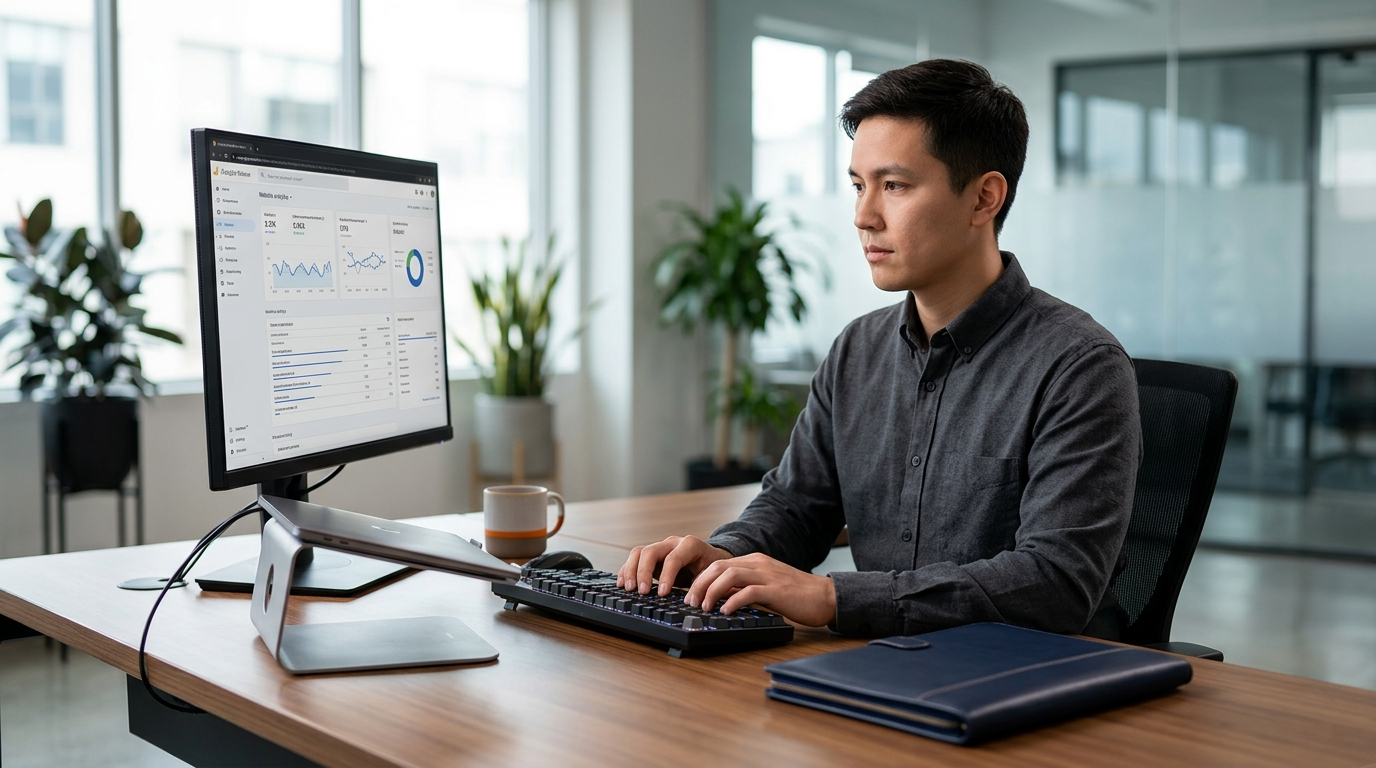 A professional working at a desk, typing on a keyboard while viewing data charts on a computer monitor in an office.