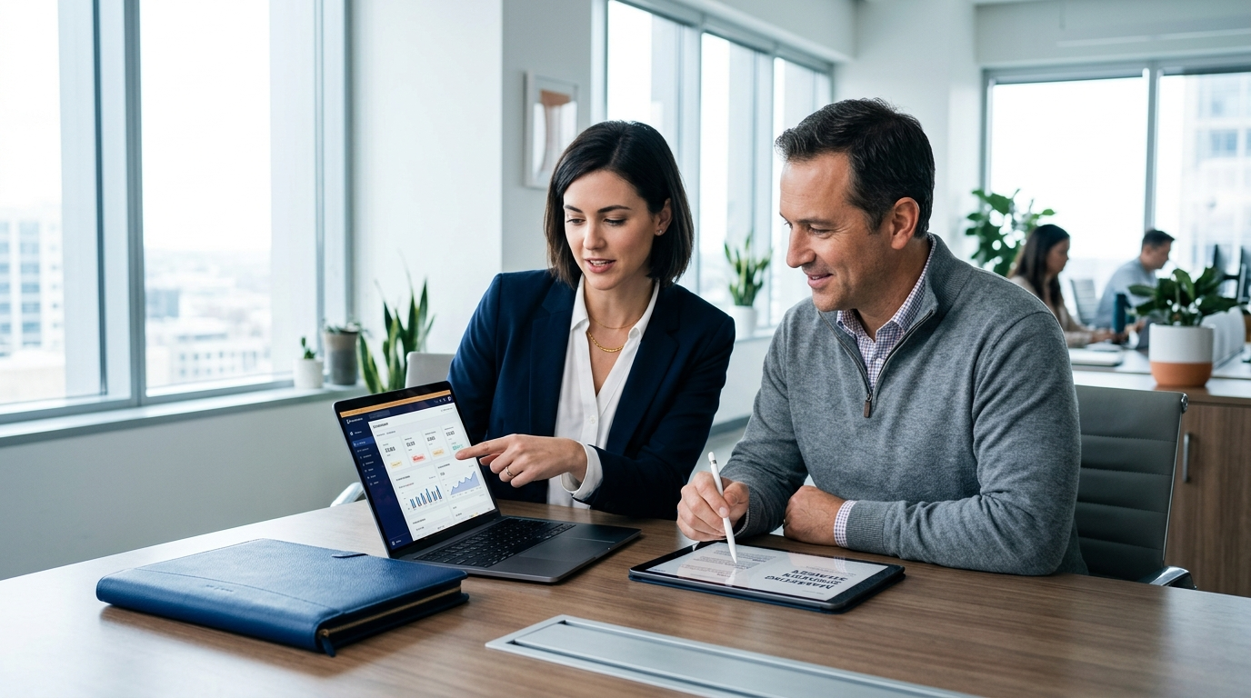 Man an woman looking at screen with graph on. Office in background.