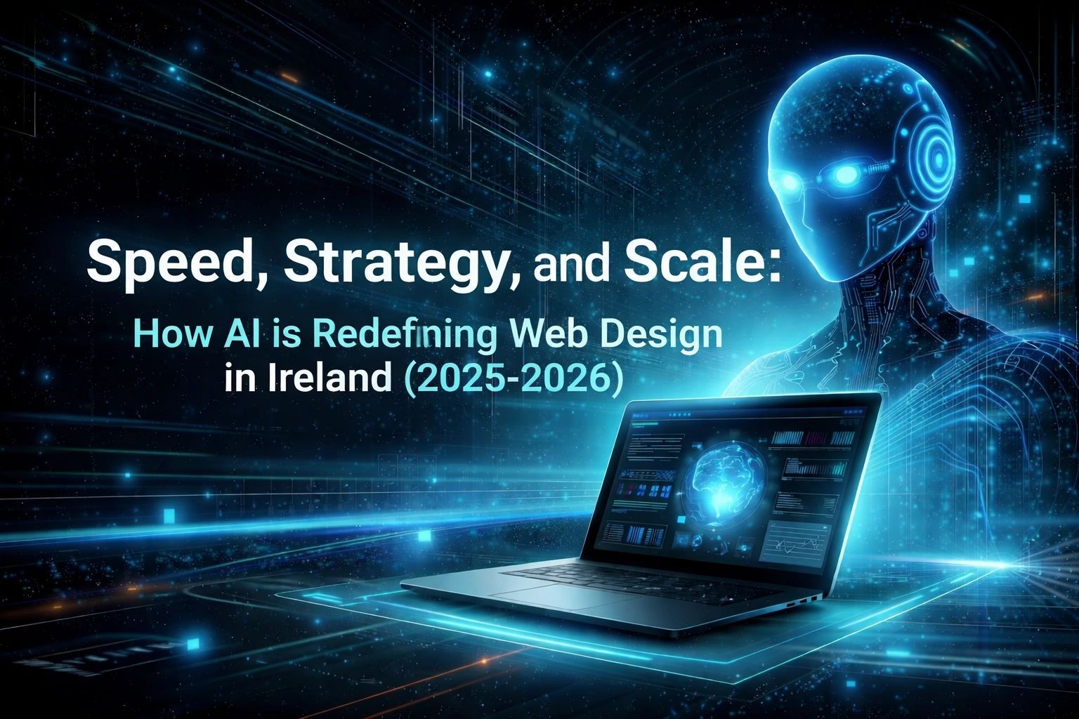 AI-themed graphic: Laptop, glowing humanoid figure, text 