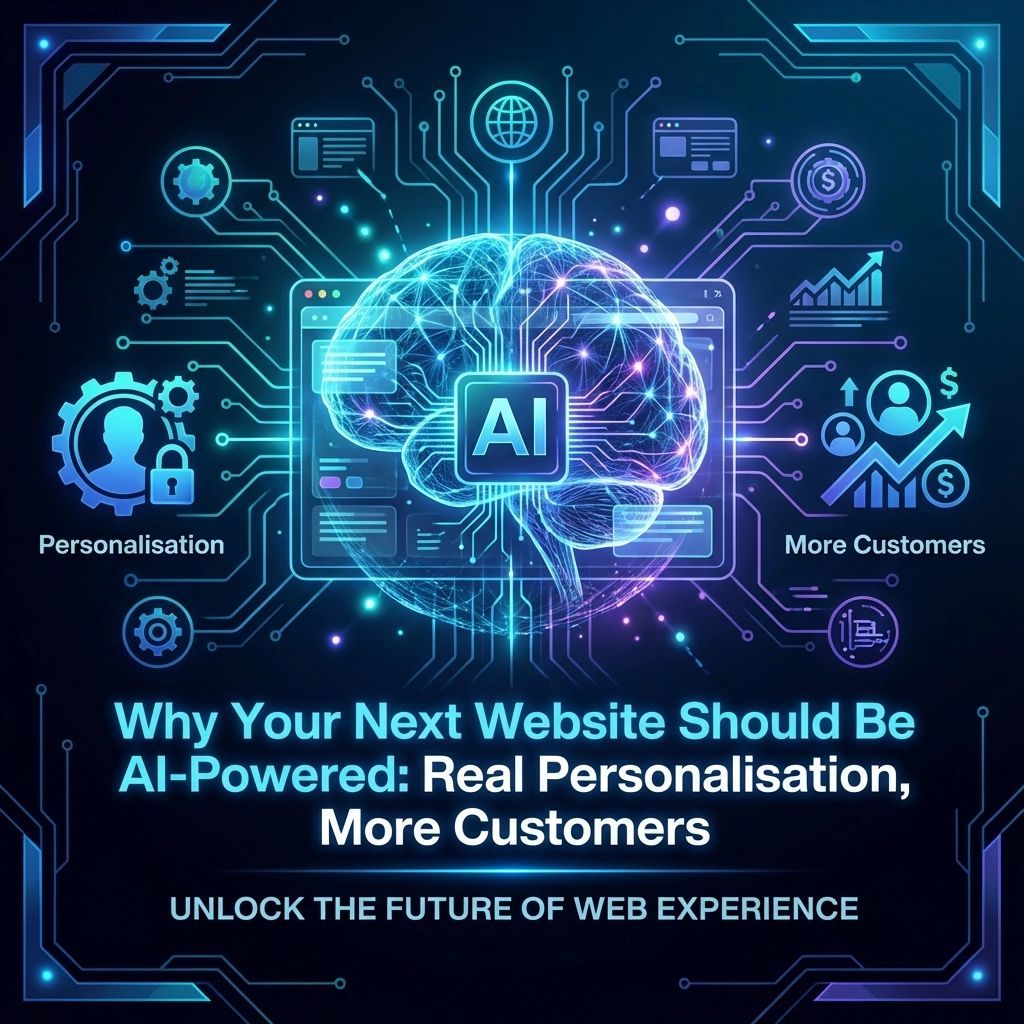 Illustration promoting AI-powered websites. Central glowing brain with 