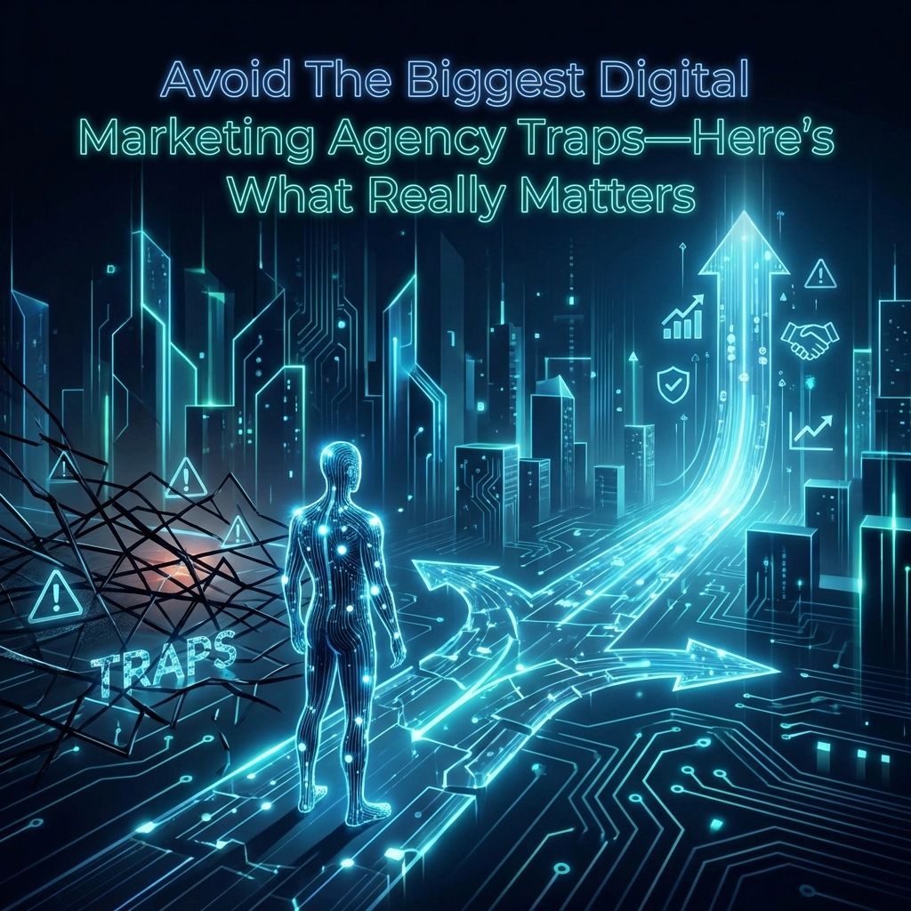 Digital marketing graphic: Futuristic cityscape with a digital figure standing before glowing paths, avoiding 