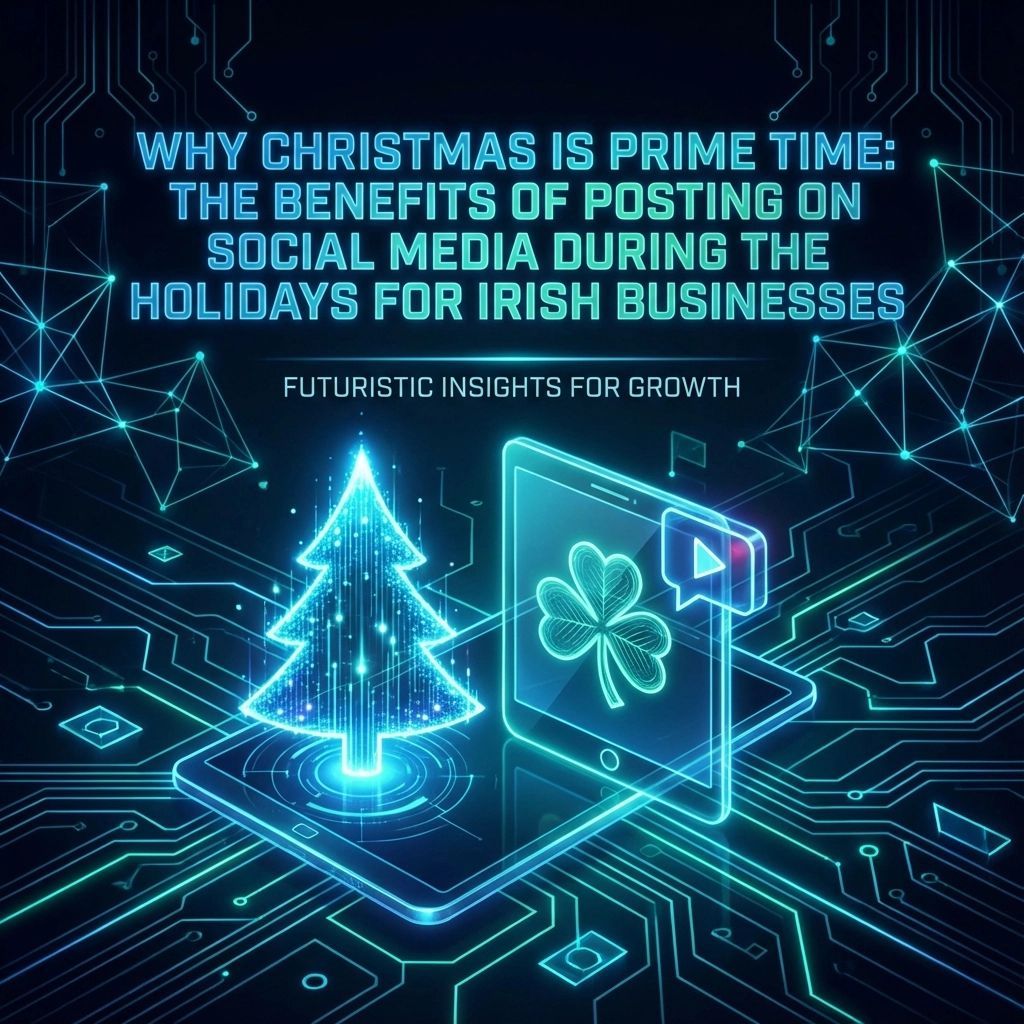 Digital graphic advertising Christmas social media benefits for Irish businesses. Futuristic design with a glowing tree and clover on a tablet.