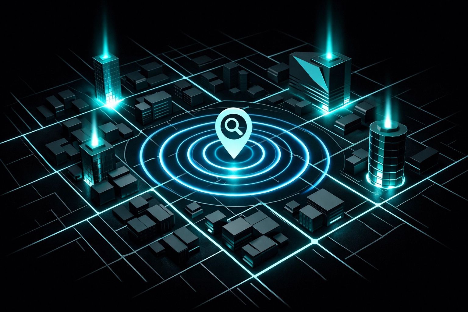 A glowing, cyan search icon pin marks a center point on a dark, geometric 3D city grid with radiating ripple effects.