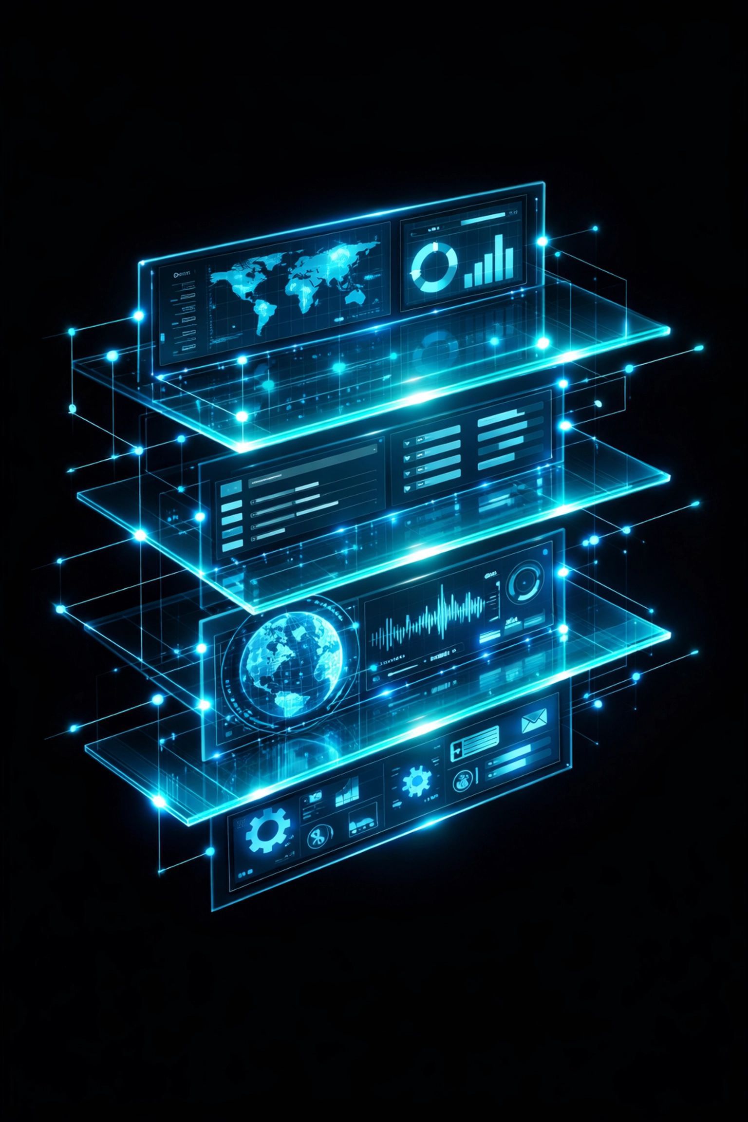 A stack of glowing, translucent digital panels displaying abstract charts, maps, and data visualizations in neon blue.