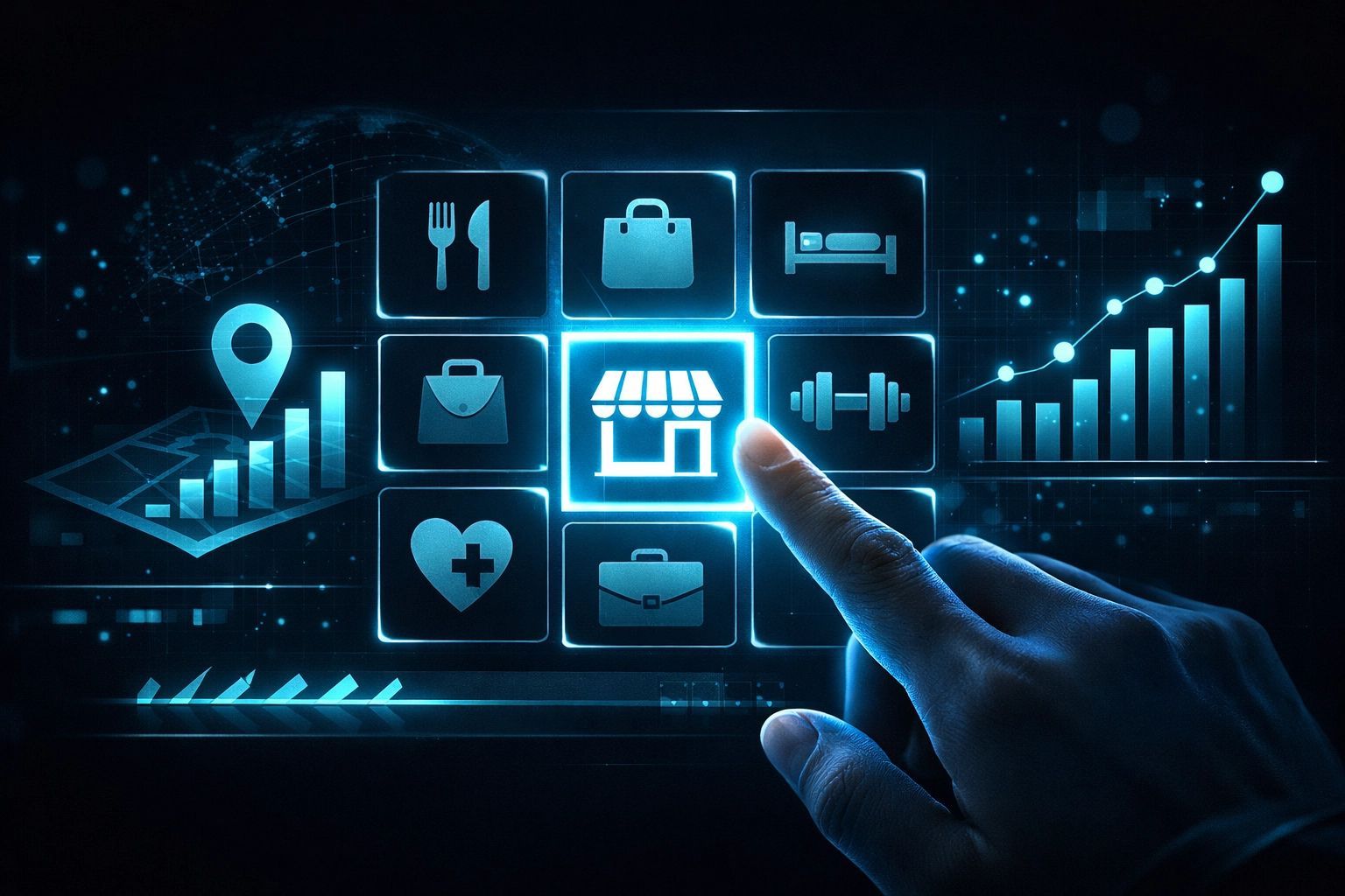 A finger touches a glowing digital interface displaying icons for retail, travel, and health against a backdrop of data.