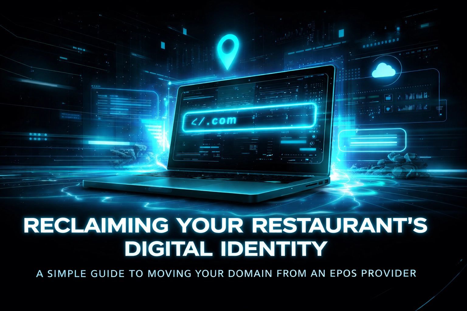 Laptop with a glowing domain bar, with text 