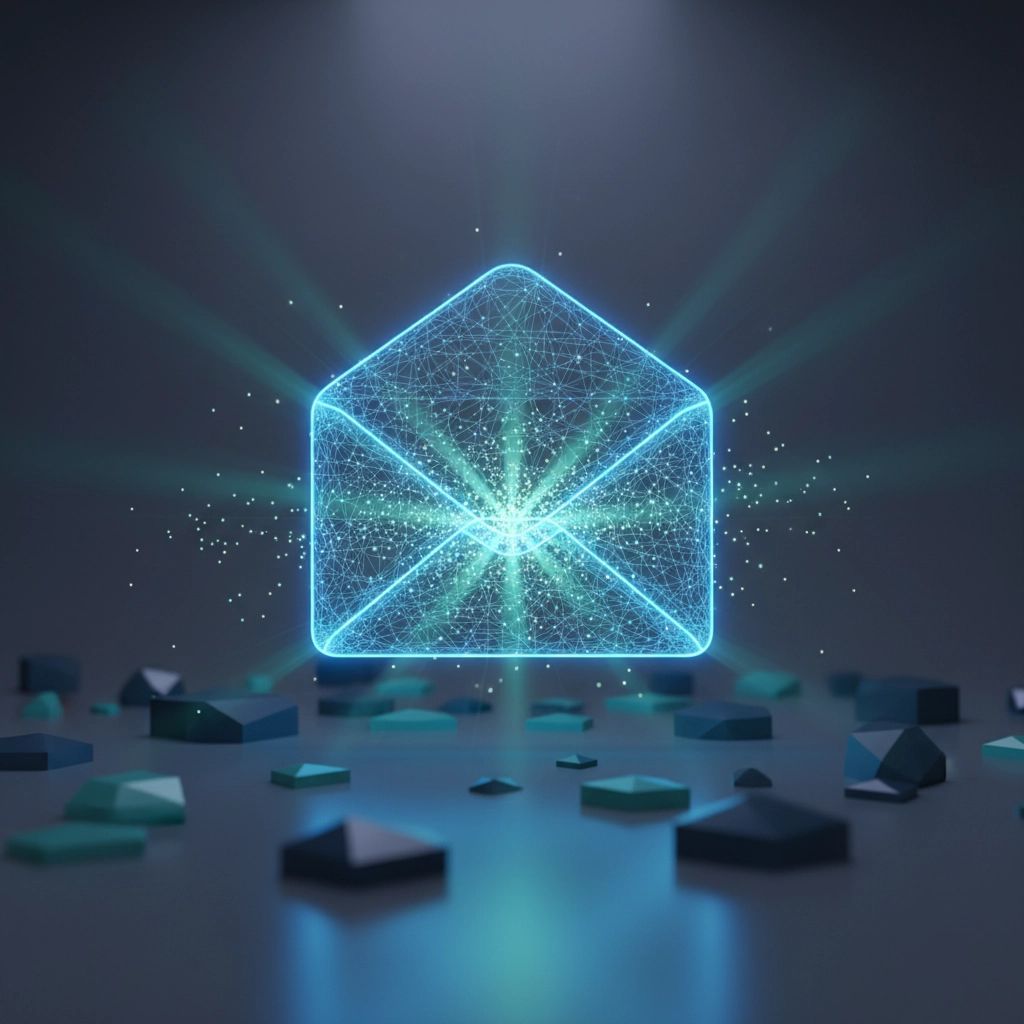 Glowing digital envelope emitting light and particles, surrounded by geometric shapes on a dark surface.