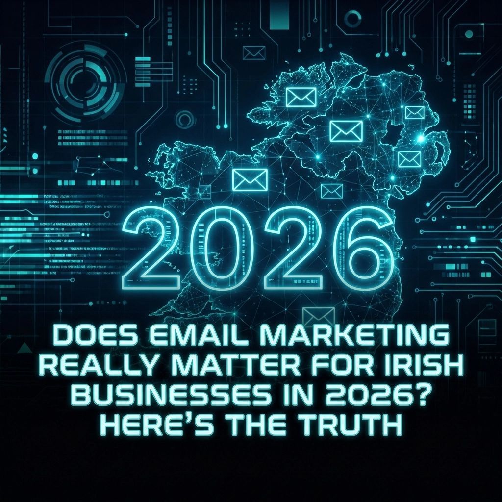 Digital graphic: Ireland outline with floating email icons and text: 