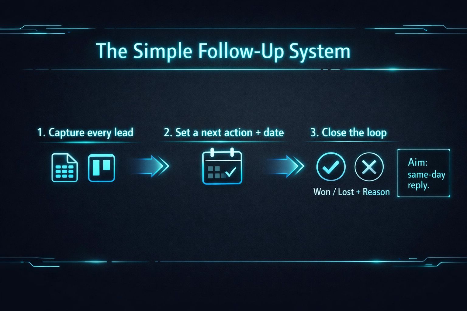 Diagram: simple follow-up system. Capture leads, set next action with date, close loop (check or X) with reason.