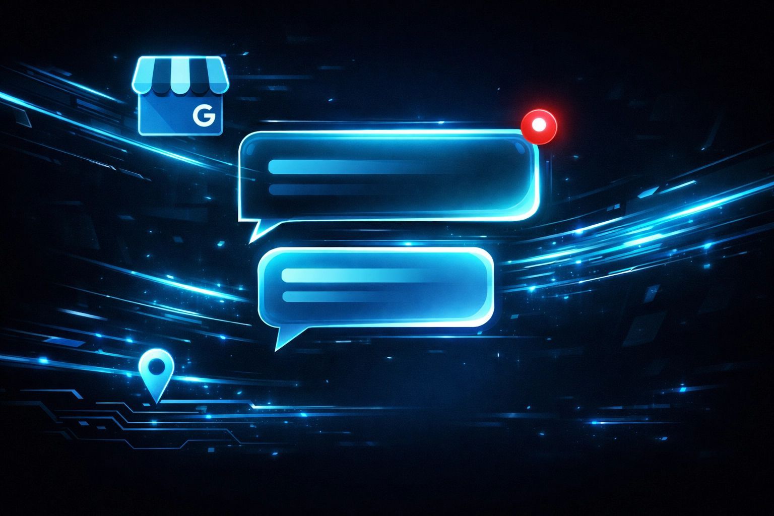 Digital graphic showing two glowing blue chat bubbles with a notification icon, a storefront icon, and a map pin.