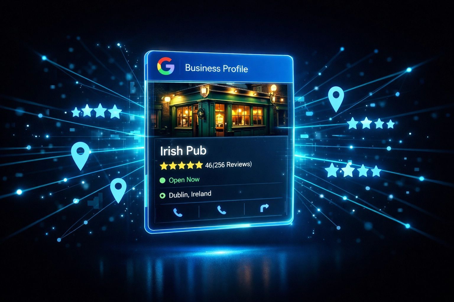 Google Business Profile of an Irish pub, surrounded by digital map markers and stars.