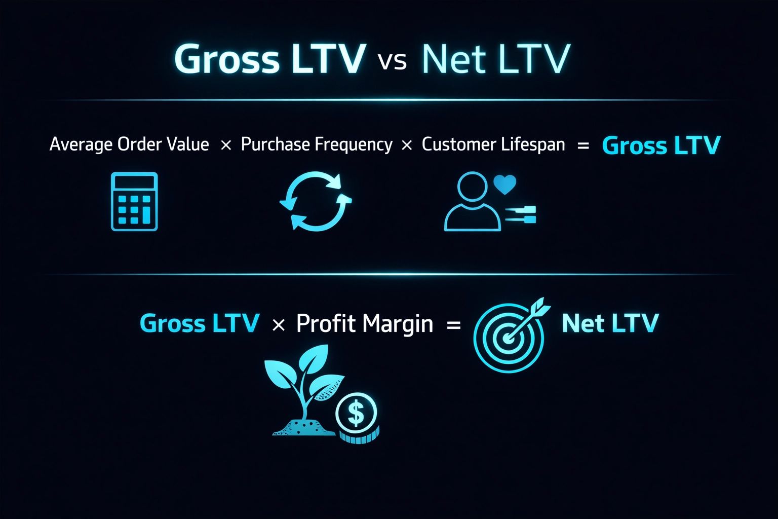 Diagram comparing Gross LTV and Net LTV formulas, with icons for each component: calculator, recycle symbol, person, growing plant, target.