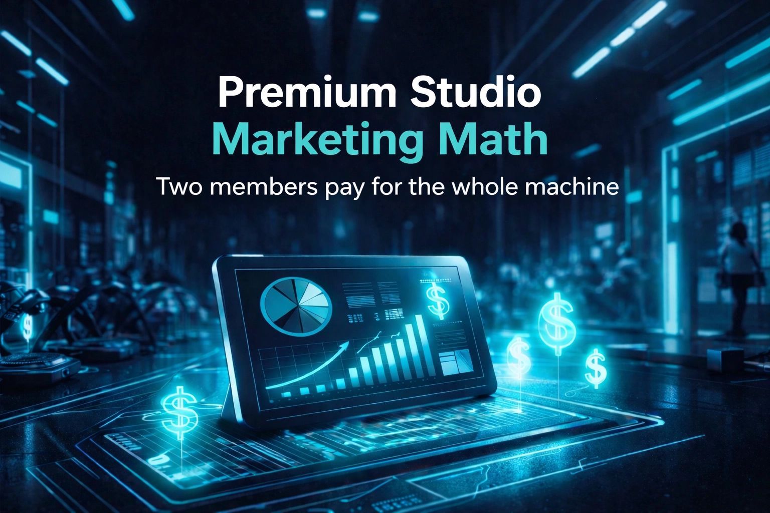 Marketing concept graphic: Tablet with a financial graph, surrounded by glowing dollar signs, in a futuristic blue environment. Text: 