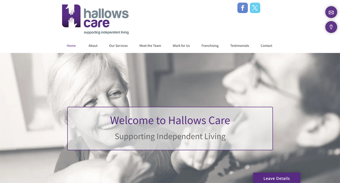 Hallows Care website homepage: woman smiling with another person, purple logo and navigation.