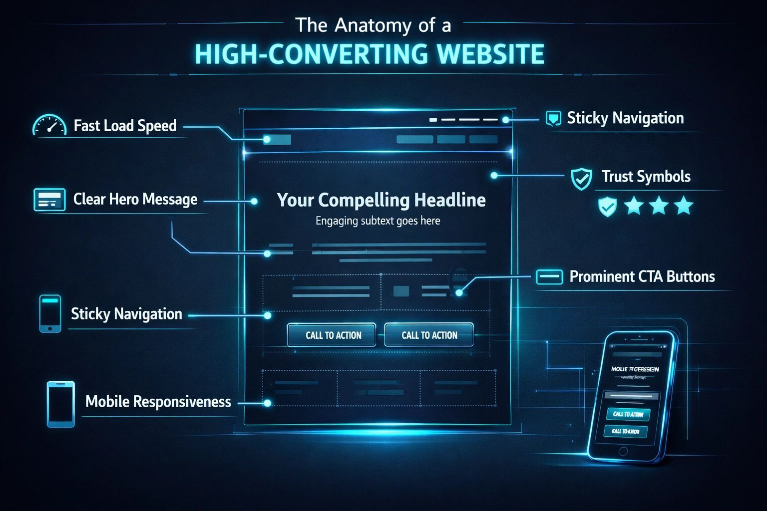 Infographic showing key elements of a high-converting website, including load speed, clear messaging, and mobile layout.