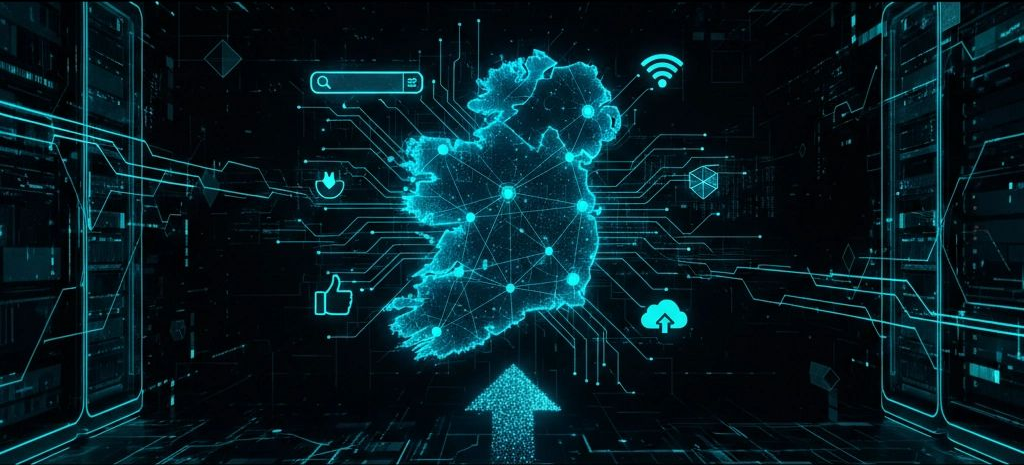 Ireland's map as a glowing circuit board with digital icons, representing technology and connection.