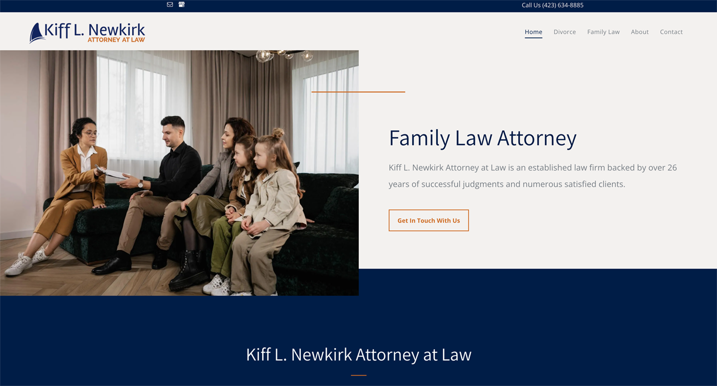 Kihl L. Newkirk attorney website with family in a living room, family law services.