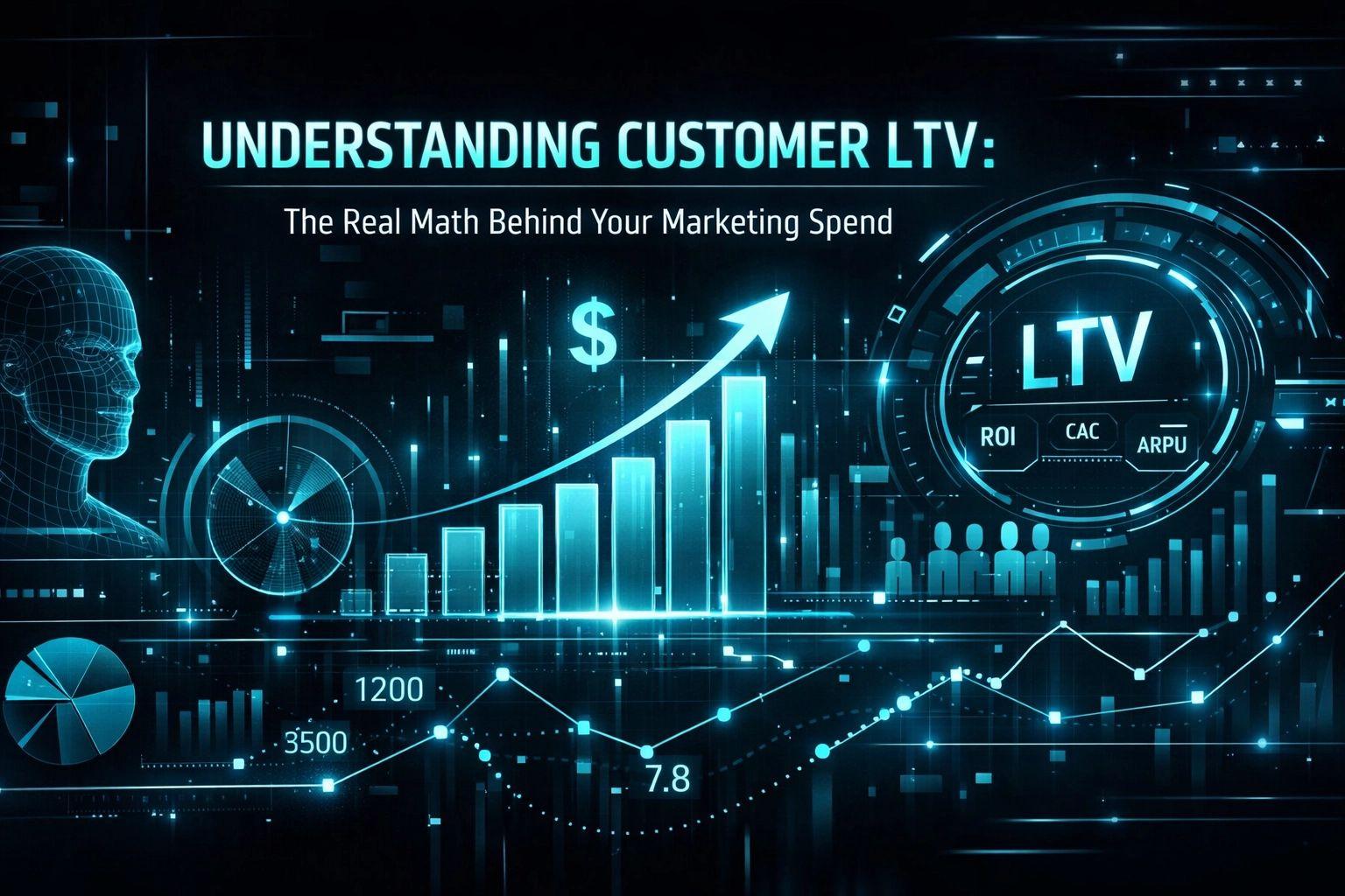 Graphic on customer LTV, featuring a glowing blue digital display with charts, data points, and 