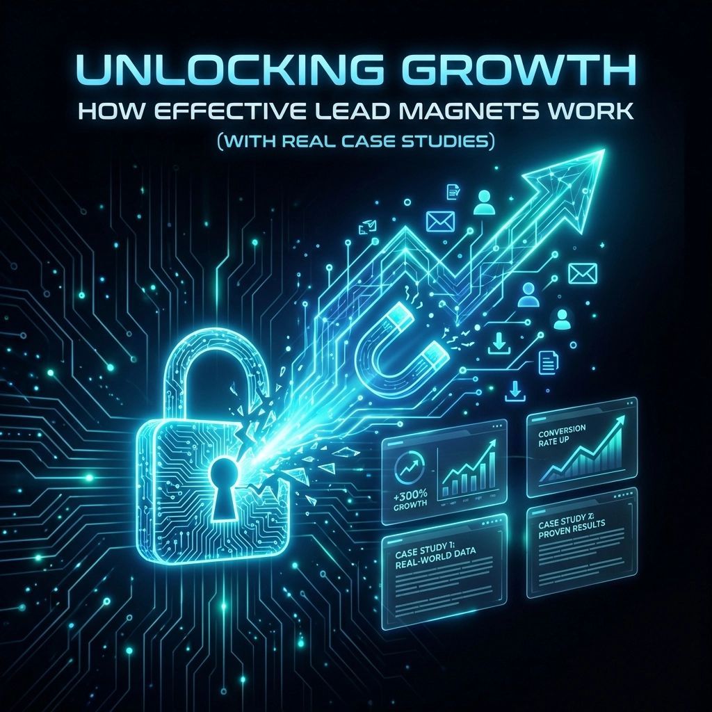 Blue digital graphic showing a lock breaking open, a magnet, and an upward arrow, with charts; text 