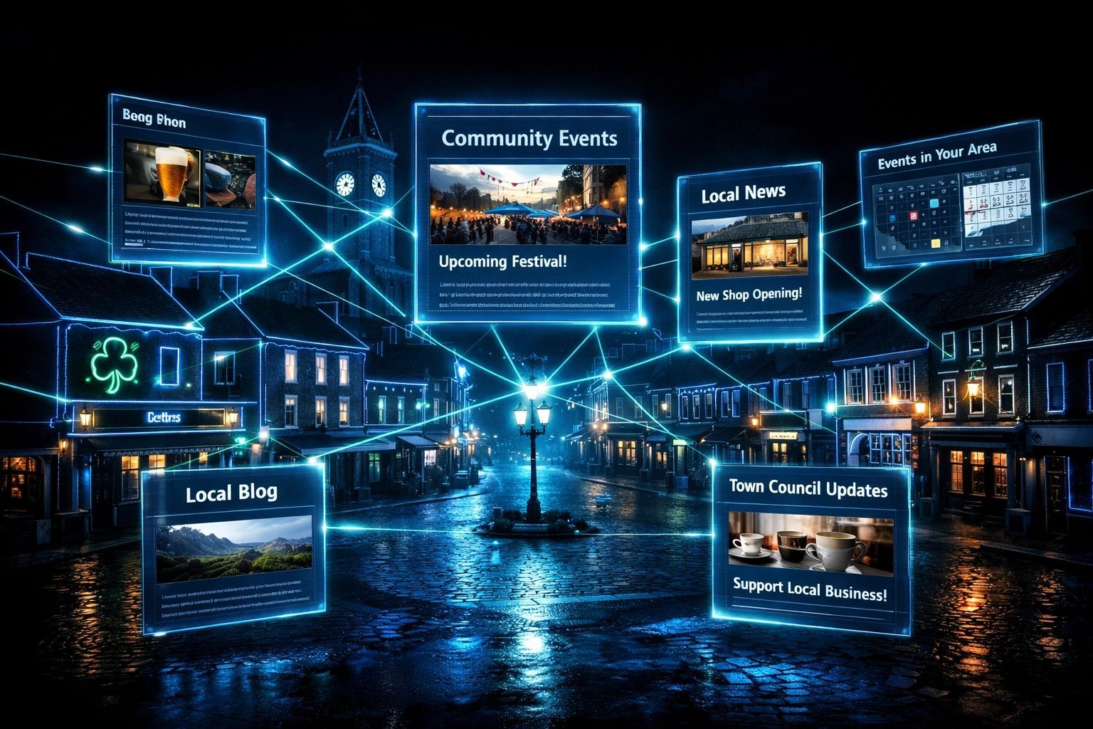 Nighttime cityscape with illuminated digital panels displaying community events, connected by glowing blue lines.
