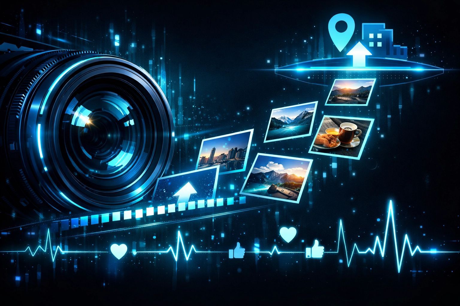 A digital camera lens projects photos toward a location pin and building icon, over a glowing blue heartbeat line and icons.