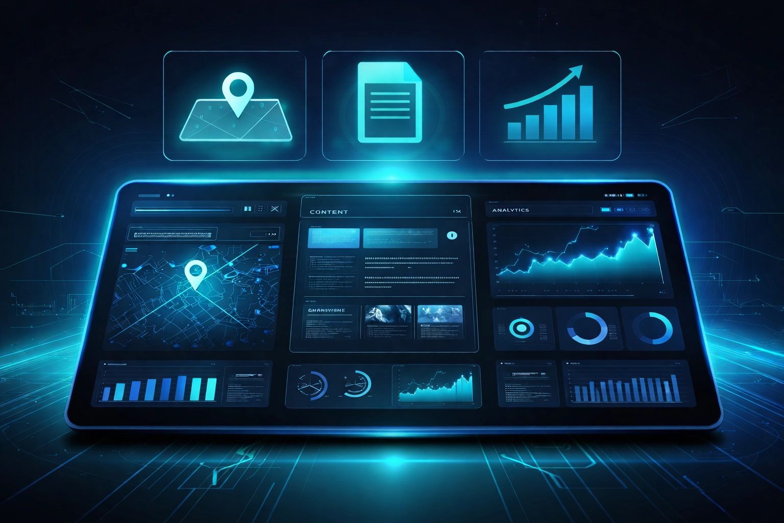 Tablet interface displaying data visualizations: maps, charts, and documents in blue.