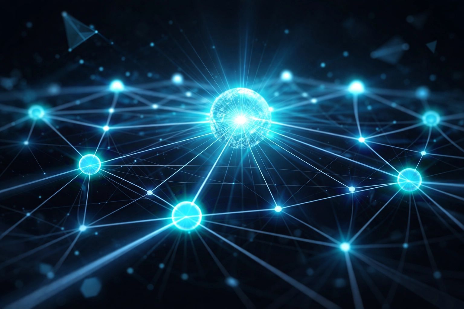 Glowing blue network of connected nodes, central sphere radiating light, on a dark background.