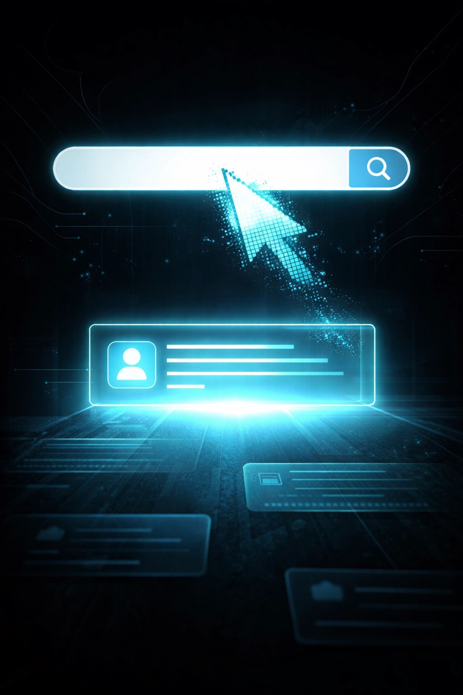 Glowing blue search bar with cursor above user profile and data panels, set against a dark background.
