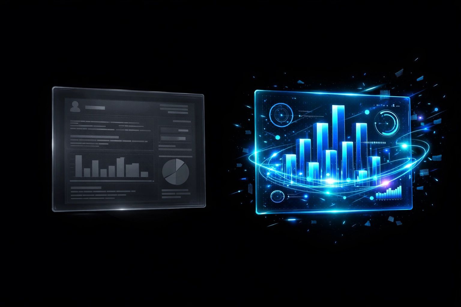 A comparison of a dark, flat data dashboard and a vibrant, glowing 3D holographic bar chart on a black background.
