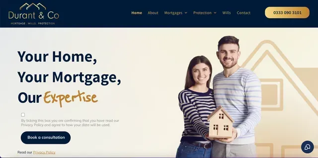Couple holding a house model, mortgage website homepage.