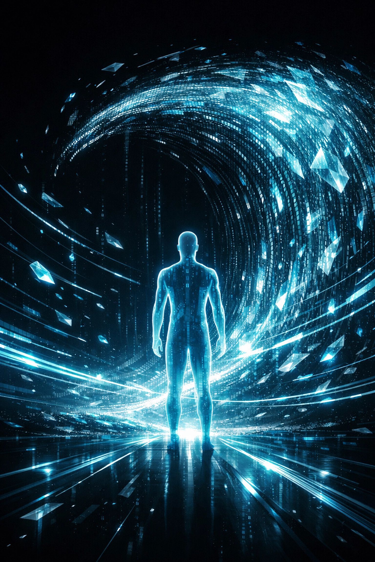 A glowing blue, digital human silhouette stands centered before a swirling, abstract vortex of light and data particles.