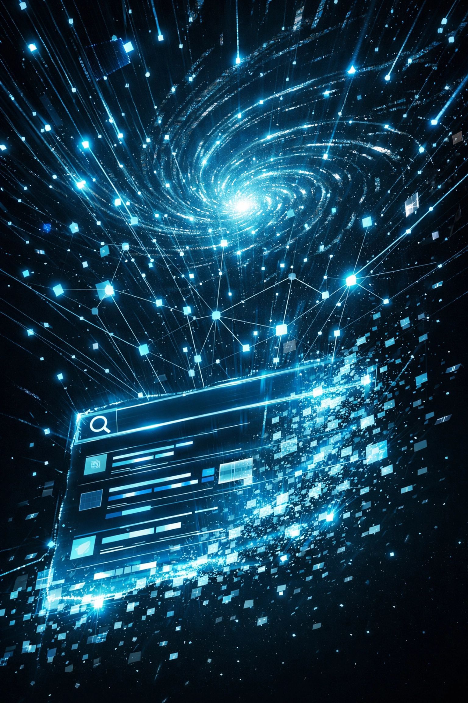 A digital search bar floats in a dark void, surrounded by a swirling galaxy of glowing blue data points and light streaks.