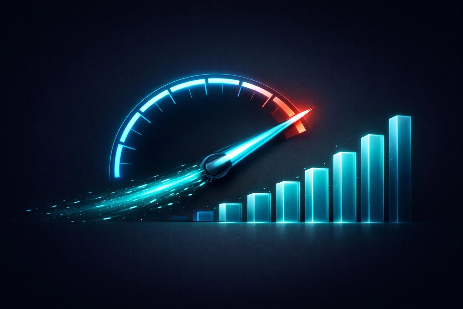 A speedometer needle pointing to the right, overlaying a series of rising blue bar graph columns on a dark background.