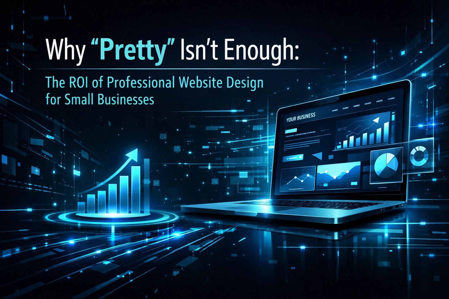 A glowing, blue-toned digital interface featuring a laptop displaying analytical charts and a rising bar graph.